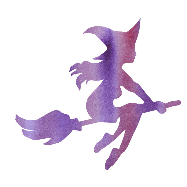 万圣节之夜，一个骑着扫帚的女巫的彩色剪影。图片下载