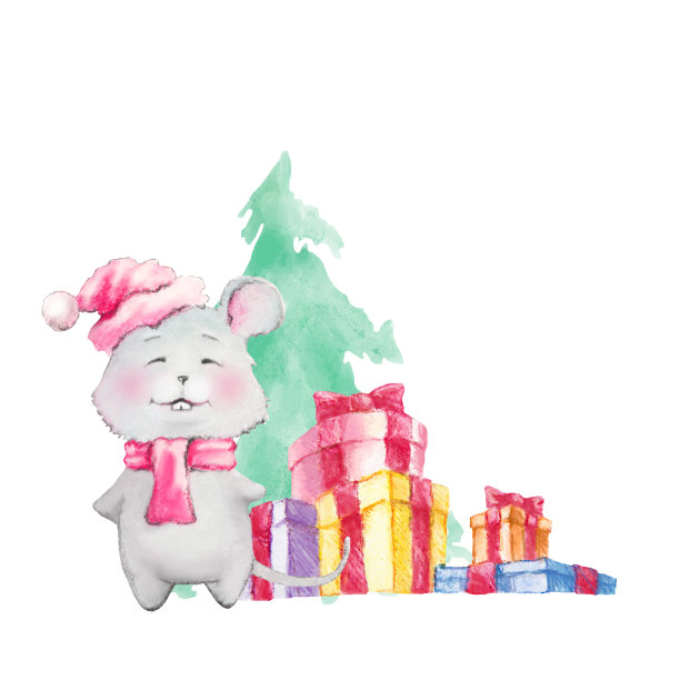 老鼠或老鼠，象征2020云杉的背景和许多礼物的白色背景，圣诞节的概念。水彩插图。图片下载