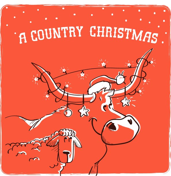 乡村风圣诞贺卡：戴红色圣诞帽的公牛和绵羊，雪地背景圣诞文字手绘插画图片下载