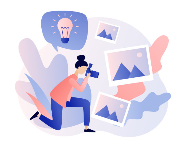 摄影的概念。摄影工作室，处理工作室，照片组合创作概念。现代平面卡通风格。矢量图图片下载