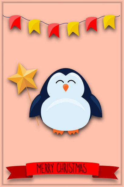 圣诞和新年贺卡与一个可爱的企鹅与圣诞配件的图片。彩色圣诞插图的一个有趣的企鹅人物为海报，贺卡，商业旗帜，包装图片下载
