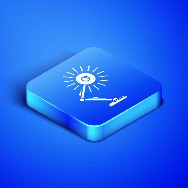 等距台灯图标孤立在蓝色背景。表办公室灯。蓝色方块按钮。矢量图图片下载