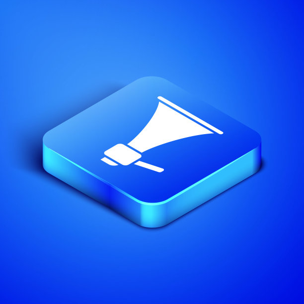 等距扩音器图标孤立在蓝色背景。演讲者的迹象。蓝色方块按钮。矢量图图片下载