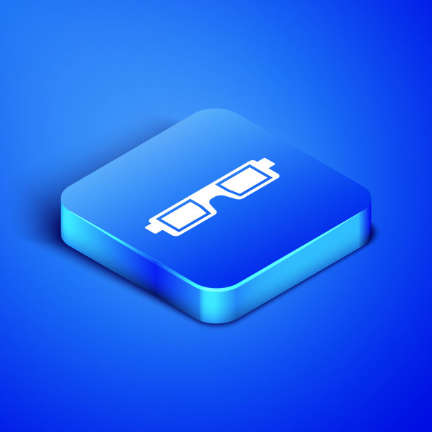 等距3D电影眼镜图标孤立在蓝色背景。蓝色方块按钮。矢量图图片下载