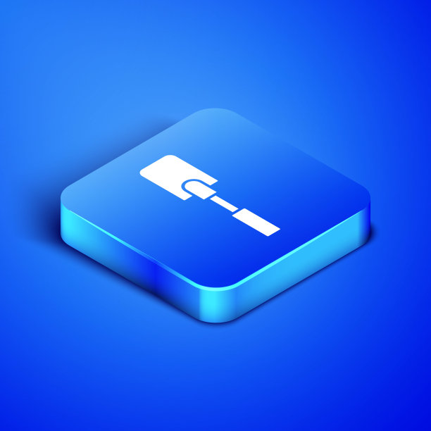 等距抹刀图标孤立在蓝色背景。厨房抹刀图标。烧烤抹刀迹象。烧烤和烧烤工具。蓝色方块按钮。矢量图图片下载