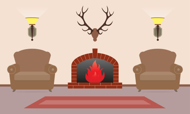 客厅内部有壁炉，扶手椅和鹿角在墙上的平风格。复古设计。矢量插图。图片下载