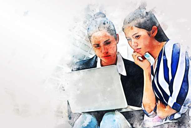 特写亚洲女商人工作和谈论工作在步行街水彩插图画的背景。图片下载