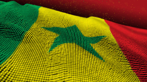 3D插图抽象发光粒子波浪表面与塞内加尔国旗纹理8K图片下载