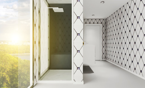 配有白色家具的大浴室。热水浴缸特写。浴室有玻璃门。Chrome的部分。3 d渲染日落图片下载