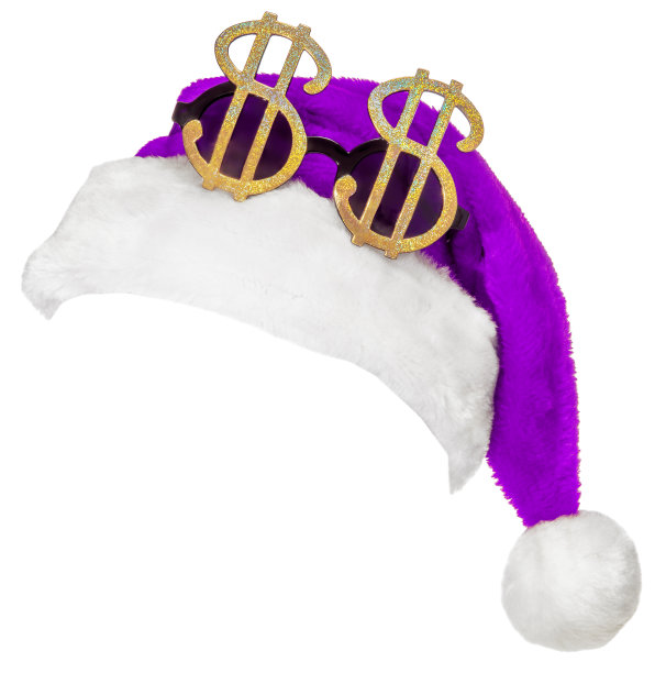 紫色圣诞老人帽与美元标志眼镜孤立在白色图片下载