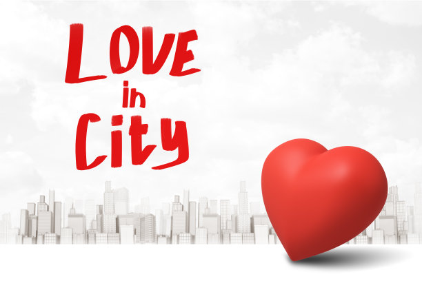 红心的3d渲染与红色的“爱在城市”标题上面白色摩天大楼的背景。图片下载
