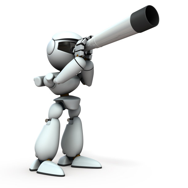 人工智能机器人用大望远镜看远处。白色背景。3 d演示。图片下载