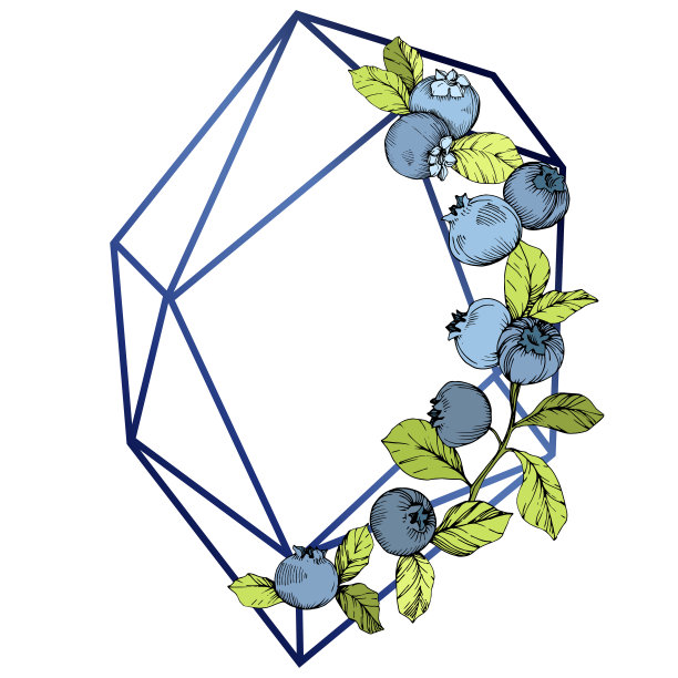 矢蓝莓蓝绿雕刻水墨艺术。浆果和绿叶。框架边框水晶装饰方。图片下载