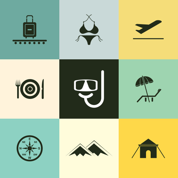 非常有用的9旅行和度假矢量图标集可以用于设计，网页设计和应用程序设计。图片下载