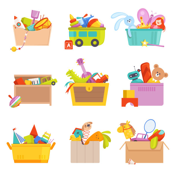玩具箱。礼物的孩子在包装许多玩具汽车火箭火车矢量卡通插图图片下载
