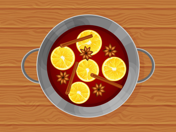 锅与热葡萄酒和配料在棕色的木材背景。矢量插图。卡通风格。模板。对象用于包装、广告、菜单。图片下载