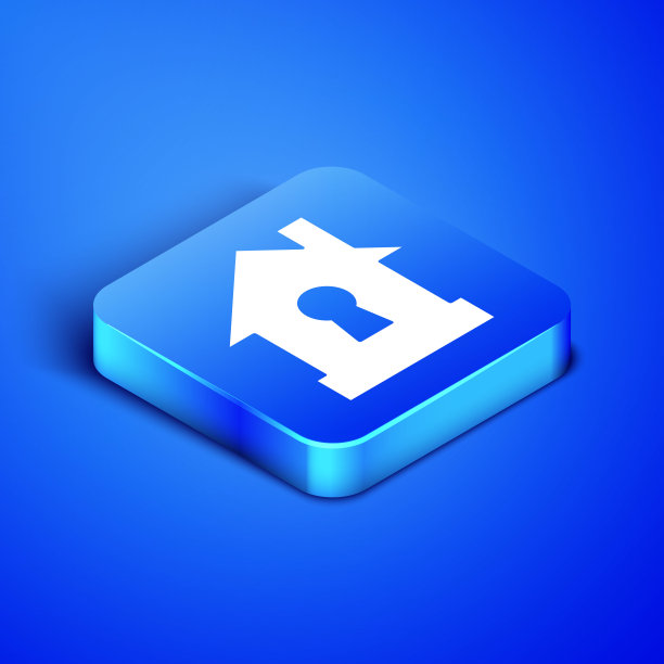 等距房子保护图标隔离在蓝色背景。保护、安全、保障、保护、防御的理念。蓝色方块按钮。矢量图图片下载