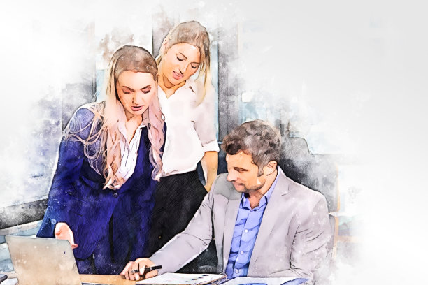 抽象漂亮的女商人和男商人在桌子上讨论工作，在水彩插图画的背景上。图片下载