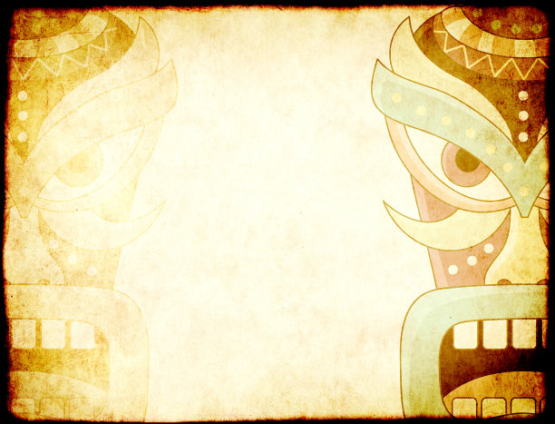 垃圾背景与旧纸纹理和提基部落面具图片下载