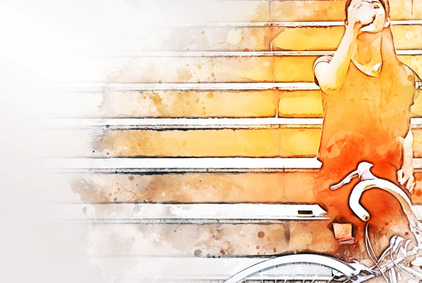 抽象多彩美丽的女人骑自行车放松步行街道上的水彩插画背景。图片下载