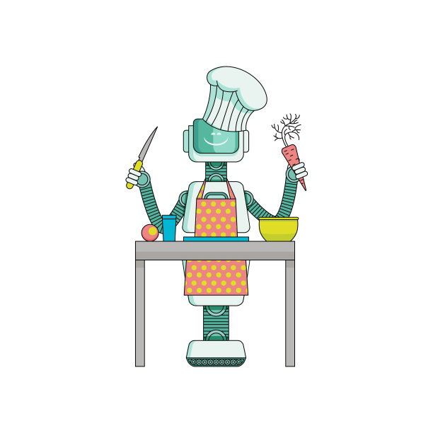 机器人厨师准备食物在厨房孤立的白色背景。图片下载