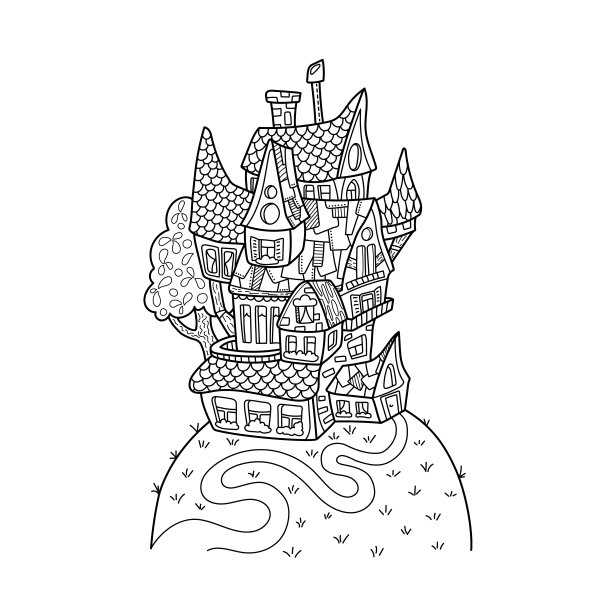 可爱的房子在山上黑白矢量插图成人着色。复古风格的建筑图片下载