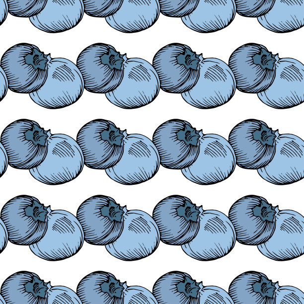 矢量蓝莓绿和蓝色雕刻水墨艺术。浆果和绿叶。无缝的背景图案。图片下载