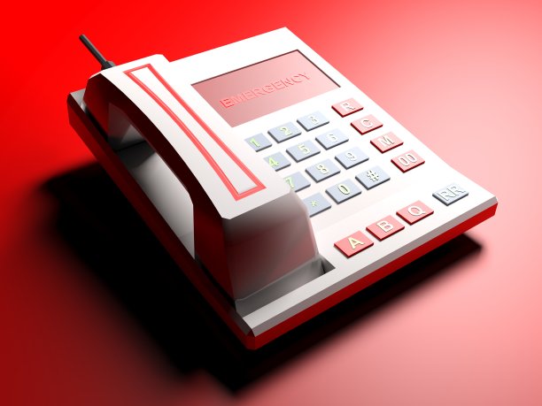 白色电话用红色应急书写，红色桌上- 3d渲染插图图片下载