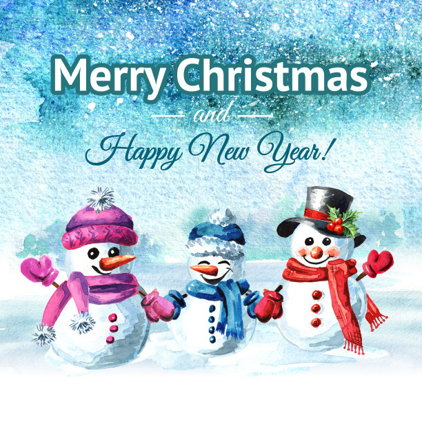 快乐的雪人家庭在冬天的背景。新年和圣诞节的背景和贺卡或请柬。水彩手绘插图图片下载