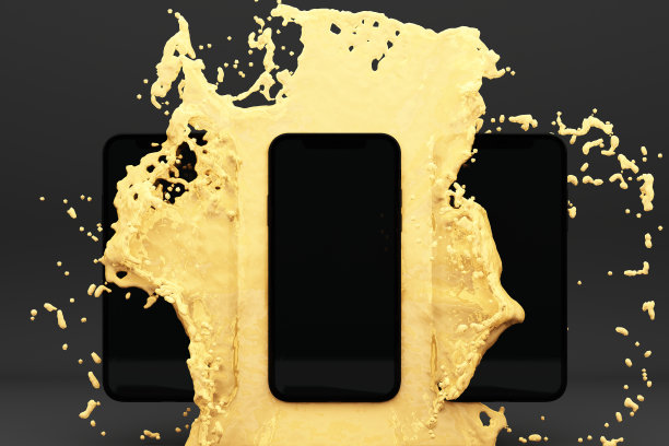 在灰色背景上，智能手机溅入黄色水中的3D渲染图像图片下载