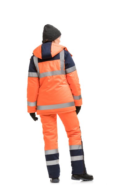 妇女在工作服装和帽子孤立的后视镜图片下载