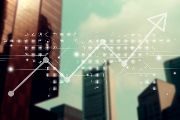 以阳光为背景的双重曝光图和技术图标，模糊了首都城市的许多建筑。图片下载