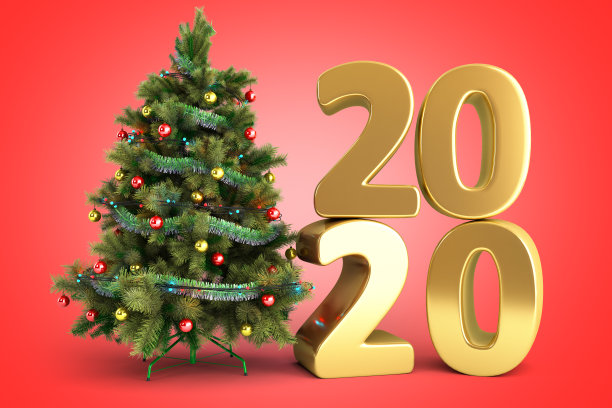 新年2020圣诞树背景3d渲染在红色梯度图片下载