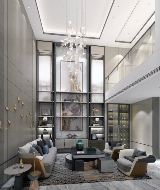 美丽的客厅内部在新的豪华的家。有高高的拱形天花板。3 d渲染。图片下载