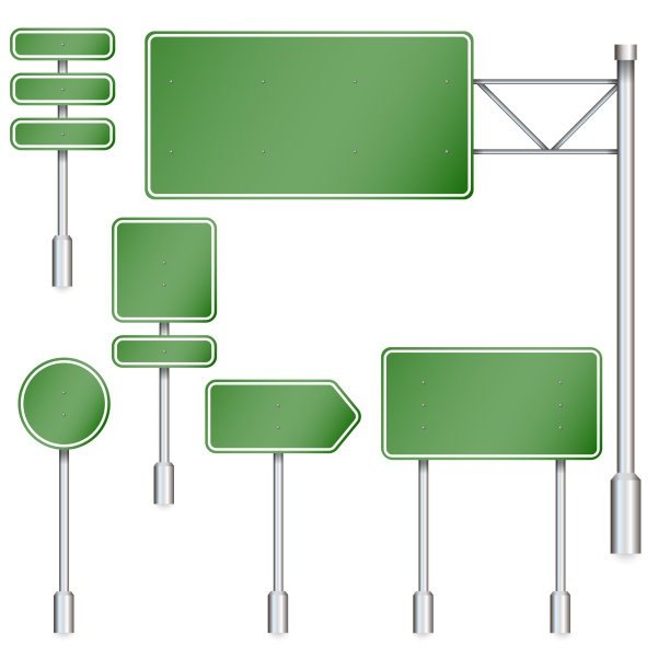 一组绿色路标。路板。高速公路上的方向标志。矢量图像。图片下载