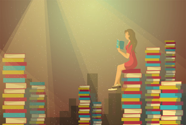 书店、图书馆、爱书人、爱书者的概念。成堆的书和女人读的书。图片下载