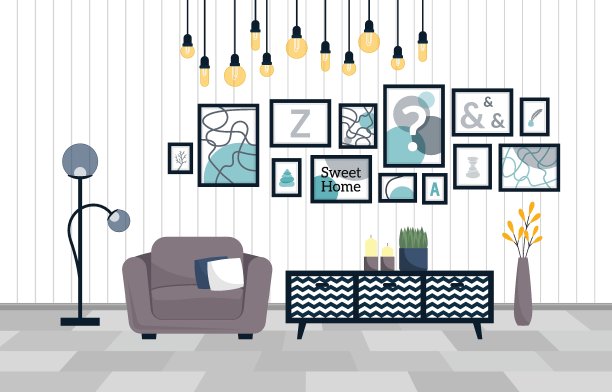 房子里舒适的客厅内部。公寓与现代家具和装饰配件。矢量插图卡通风格图片下载