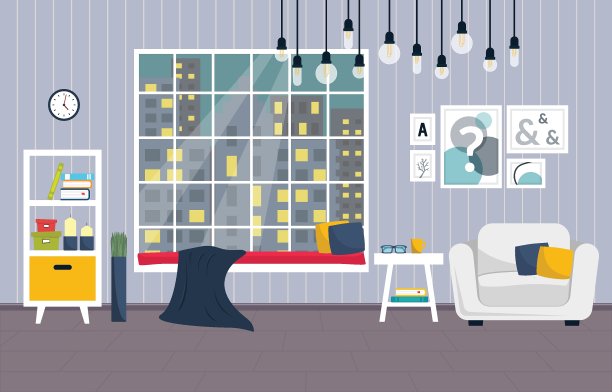 现代的客厅内部有一个巨大的窗户和一个床垫和枕头素材图片