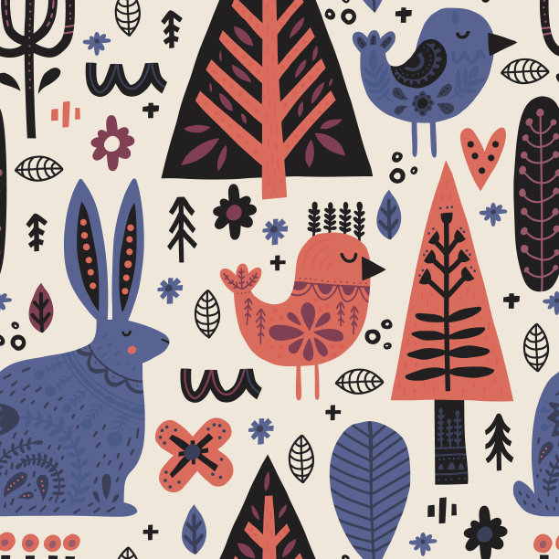 森林动物在北欧风格无缝图案。卡通野兔，鸟和树的白色背景。动植物手绘矢量插图。纺织品、墙纸、包装纸设计理念图片下载