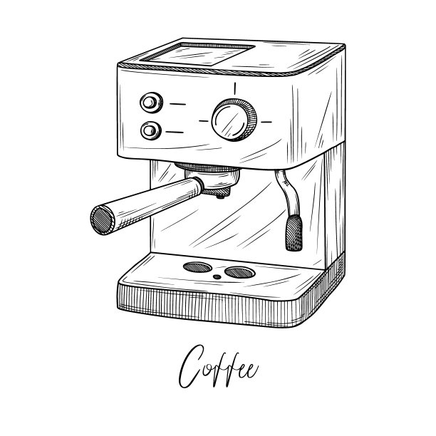 咖啡机的素描孤立在白色的背景。矢量插图在素描风格。图片下载