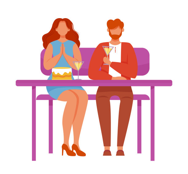 生日庆祝平面矢量插图。男人和女人有聚会。餐厅周年庆典。一对夫妇坐在甜点桌前，鸡尾酒上点缀着白色背景的卡通人物图片下载