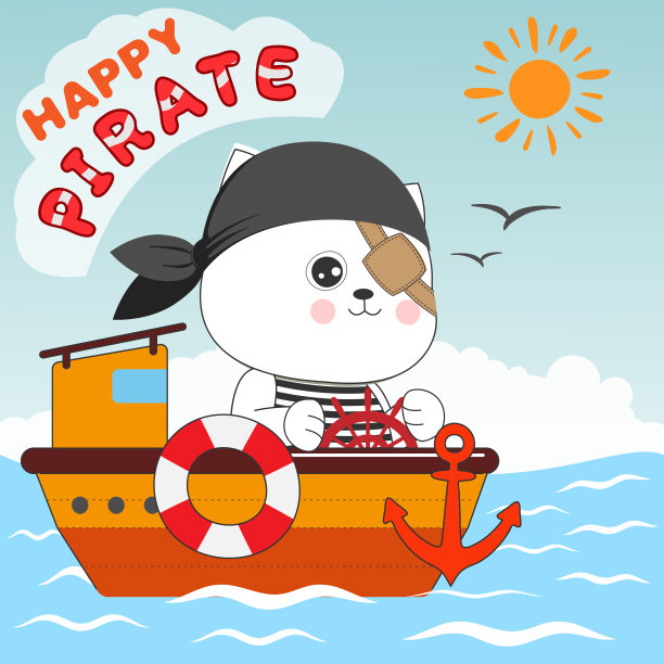 快乐的猫海盗在他们的船。图片下载