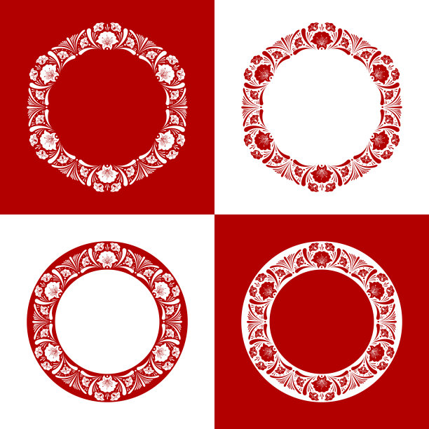 一套红色俄罗斯装饰图案向量框架。传统花绣圆边框元素图片下载