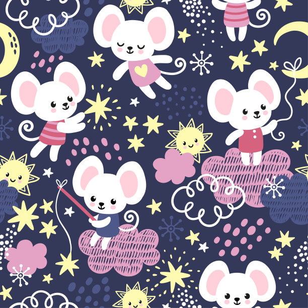 矢量无缝模式与可爱的小鼠标，云，星星。图片下载