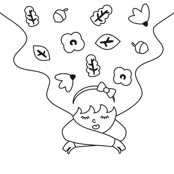 可爱的手绘女孩与秋天的秋天生活设计元素概念黑白矢量插图着色艺术图片下载