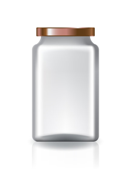 空白透明方形罐，铜盖，中等大小，用于补充剂或食品。孤立在白色背景与反射阴影。可用于包装设计。矢量插图。图片下载
