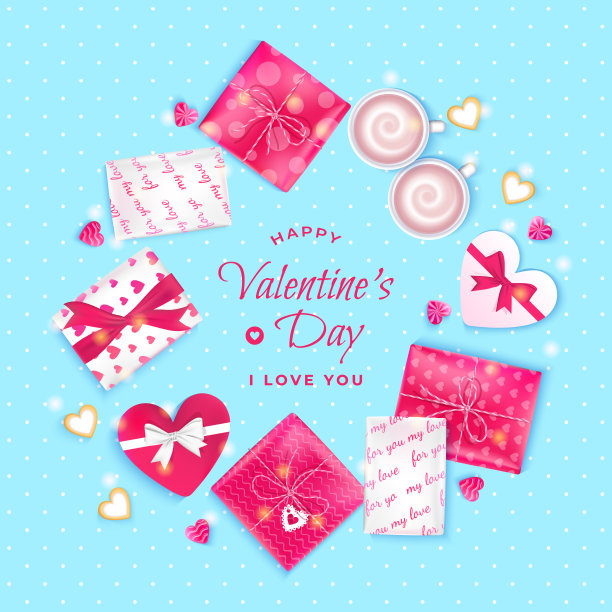 情人节贺卡与现实的礼物，咖啡杯，饼干，花环，心形糖果。在抽象的蓝色背景上。矢量插图。前视图。图片下载
