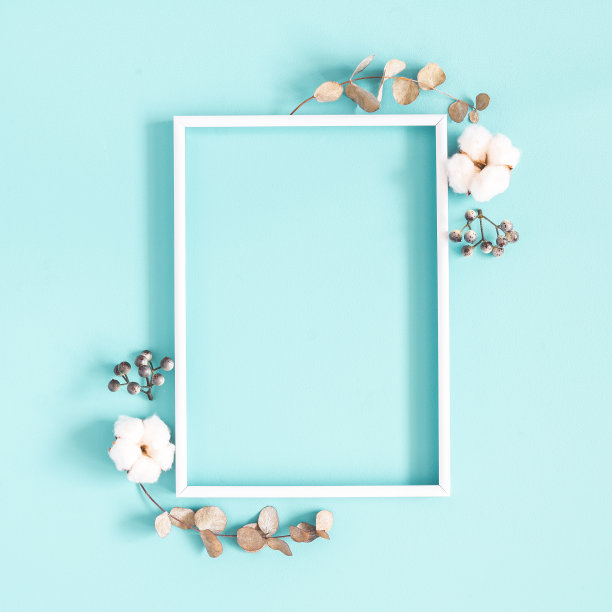 冬天的作文。相框，干树叶，棉花花，蓝色背景上的浆果。秋、冬的概念。平铺，俯视图，复制空间，正方形图片下载