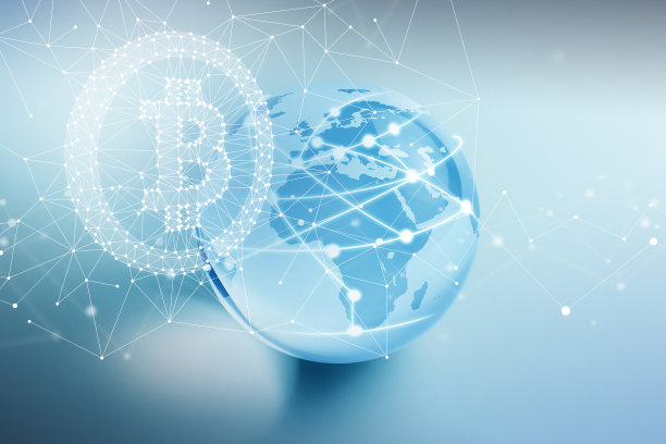 带有比特币符号和区块链网络图形的玻璃球图片下载