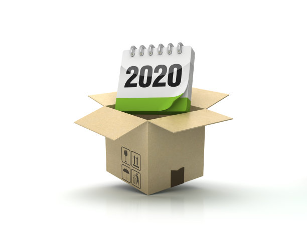 纸板箱与2020日历木地板- 3D渲染图片下载